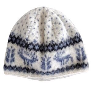 Freyja 100% Pure New Wool Blue & White Fair Isle Beanie Hat Unisex Men Women